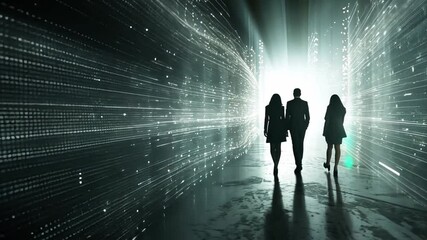 Poster - Group of People Walking Through Futuristic Tunnel with Digital Lights Silhouettes Corridor of Innovation and Technology, Illuminated by Glowing Lights and Surrounded by Abstract Data Patterns