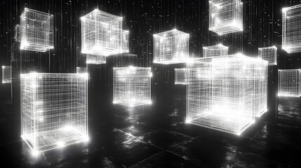 Wall Mural - A mesmerizing digital artwork featuring glowing white wireframe cubes floating in a dark, cybernetic environment
