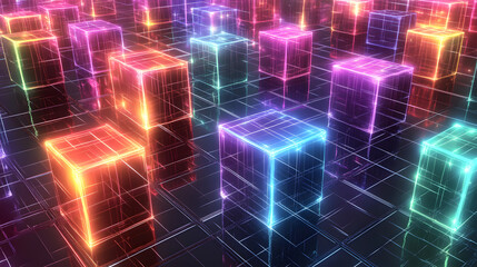 Wall Mural - A vibrant composition of neon-colored cubes arranged on a reflective, high-tech surface