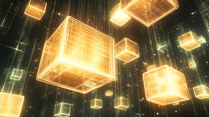 Wall Mural - A stunning digital render showcasing golden holographic cubes suspended in a futuristic cyber universe