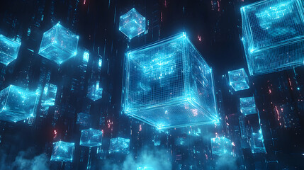 Wall Mural - A high-tech futuristic digital illustration of glowing blue data cubes suspended in a cybernetic space