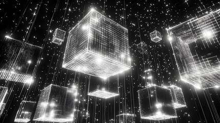 Wall Mural - A striking black and white digital artwork featuring illuminated wireframe cubes suspended in a futuristic cyberspace