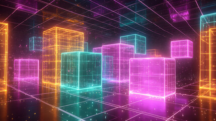 Wall Mural - A vibrant digital artwork showcasing neon wireframe cubes in shades of pink, orange, and teal, floating in a futuristic cyberspace environment