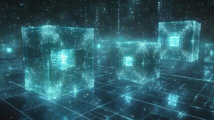 Wall Mural - A high-resolution digital artwork depicting a futuristic blockchain concept with glowing blue cubes interconnected in a cyber network