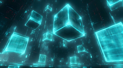 Wall Mural - A visually striking illustration of glowing blue cubes floating in a digital space