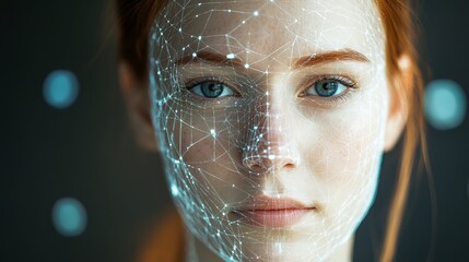 Poster - Woman Face Digital Network Futuristic Technology Abstract Art Modern Design Elegant Blue Light Female Portrait Artificial Intelligence Innovation     