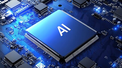 Poster - advanced artificial intelligence digital chip technology modern circuit board blue glowing high tech