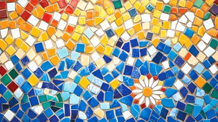 Poster - Colorful Mosaic Artwork Showcasing Vibrant Patterns and Floral Designs in a Sunny Outdoor Setting