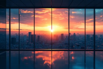 Poster - Modern smart office building at sunrise. Cityscape view from high vantage point. Automated systems, efficient design visible in glass structure. Buildings reflect vibrant sunrise colors. People , 32k 
