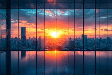 Poster - Modern smart office building at sunrise. Cityscape view from high vantage point. Automated systems, efficient design visible in glass structure. Buildings reflect vibrant sunrise colors. People , 32k 