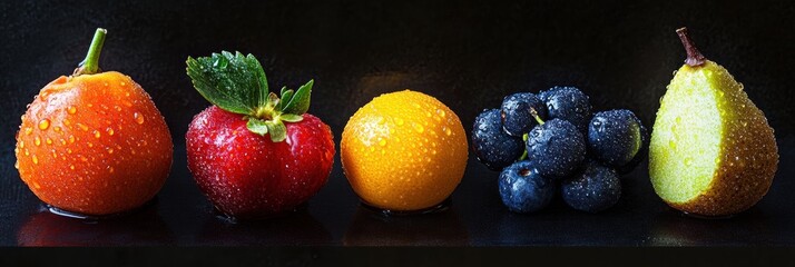 Aufkleber - Fresh fruits arranged in a row with water droplets reflecting freshness and vitality on a dark surface. Generative AI