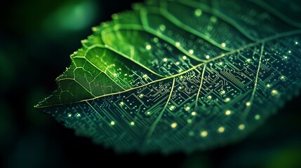 Poster - Green Leaf Circuit Board Technology Nature Digital Art Abstract Background Image Eco Friendly Sustainable Innovation Technology Concept Futuristic    
