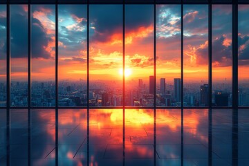 Poster - Modern smart office building at sunrise. Cityscape view from high vantage point. Automated systems, efficient design visible in glass structure. Buildings reflect vibrant sunrise colors. People , 32k 