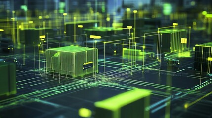 Poster - Abstract Digital Network Green Glow Technology Data Blocks Futuristic Modern Background Illustration Design Wireframe Grid Structure Circuit Board    