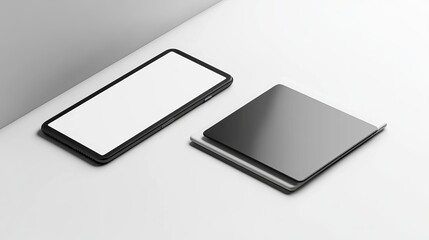 Poster - Modern Smartphone and Tablet Mockup Minimalist Design Clean White Background Technology Devices Digital Screen Blank Display App Presentation Product 