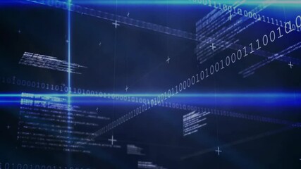 Poster - animation of binary code and digital data streams forming network on dark background