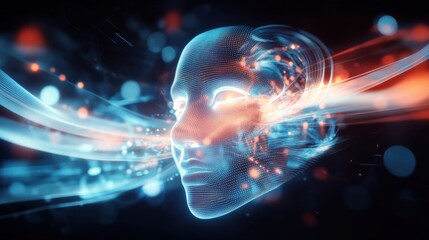 Poster - Dynamic digital portrait of a futuristic ai face virtual environment abstract artwork technology concept close-up view