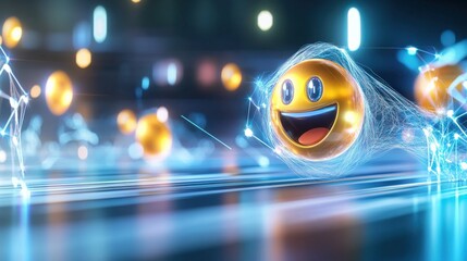 Poster - Dynamic smileys in motion digital landscape graphic art futuristic environment close-up viewpoint playful concept for engagement