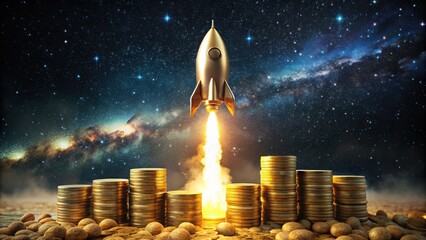 Poster - Rocket launching with a stack of coins depicting financial growth and prosperity in motion
