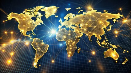 Poster - a holographic world map glowing with lights representing global connectivity and modern technology