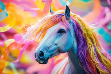  colorful horse, unicorn, harmonious rainnbow union of majestic equines and awe-inspiring chasms, accentuating profound connection between these splendid creatures and untamed realm 