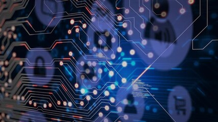 Poster - Glowing nodes with animation on circuit board pattern over digital blue background