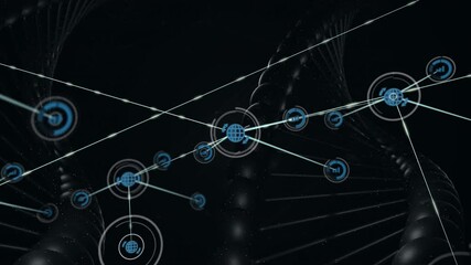 Poster - Network connections and digital nodes over DNA strand animation on dark background