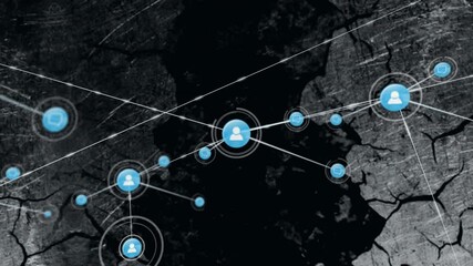 Poster - Network of connections and data processing animation over dark textured background