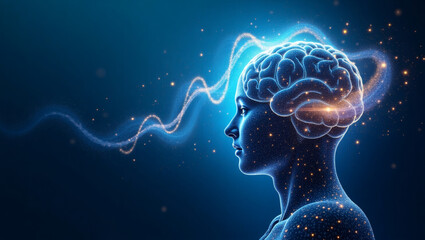 Aufkleber - an illustration of a human brain with a glowing effect, showing neural activity and cognitive processes