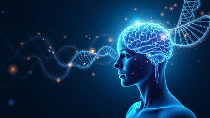 Poster - a futuristic depiction of a human brain with DNA strands, suggesting advancements in science and technology