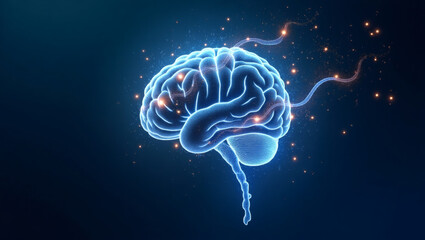 Poster - a glowing digital brain illustration on a dark blue background, suggesting mental activity and the power of thought