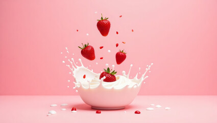 Poster - Strawberries falling into a bowl of milk, creating a splash. The image is vibrant with a pink background