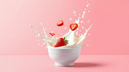 Poster - a fresh strawberry is dropped into a bowl of milk causing a splash on pink background
