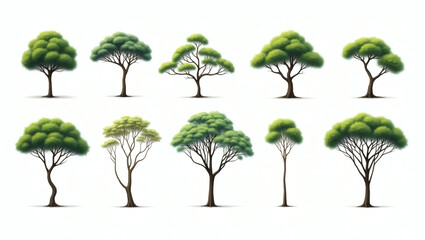 Poster - a collection of various green trees in a row. Trees of different sizes and shapes, each with lush green foliage. Some trees stand alone, while others grow closely together.