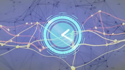 Poster - Digital clock animation over abstract network of interconnected lines and nodes
