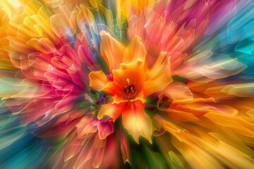 Poster - a close-up shot of a flower with colorful petals in a blur, bursting bursts of color that draw the e