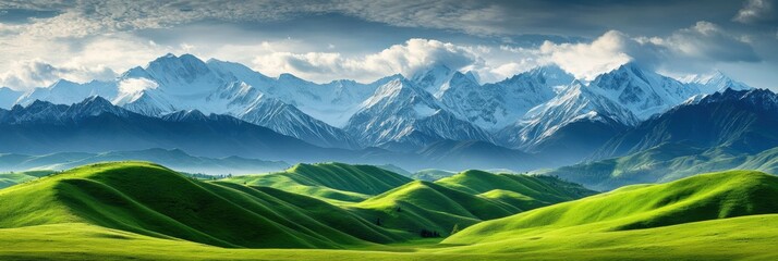 Leinwandbilder - Majestic snow capped mountains rise above lush green hills under expansive cloudy sky