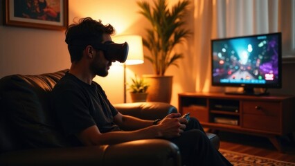 Poster - A man is playing a VR game in a room with a free space for text on the side.