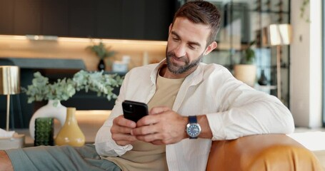 Poster - House, smile and man on couch, cellphone and typing with internet, connection and app. Happy person, funny and guy with smartphone, communication and social media with message to contact or network