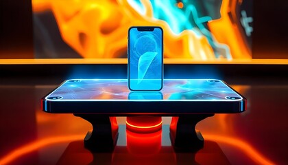Poster - Smartphone hologram floating above a futuristic table