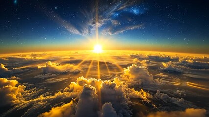 Wall Mural - A breathtaking view of the sun rising above fluffy clouds, casting warm golden light