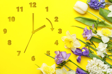 Poster - Clock and flowers on yellow background, top view. Arrow showing time change one hour ahead in spring. Daylight saving time