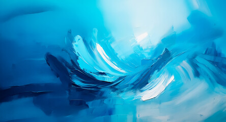 Poster - abstract blue and white painting featuring fluid brushstrokes. the artwork evokes a sense of motion 