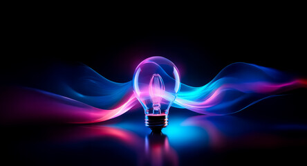 Poster - glowing light bulb emitting vibrant waves of pink and blue light against a dark backdrop. illuminati