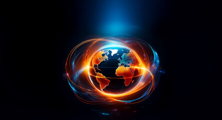 Poster - luminous globe surrounded by swirling orange and blue energy streams on a dark backdrop. abstract re