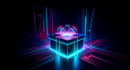 Aufkleber - neon gift box with glowing lines on a dark background. illuminated present with vibrant colors in a 