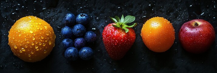 Aufkleber - Fresh fruits arranged with water droplets against a dark background for a vibrant display of color and texture. Generative AI