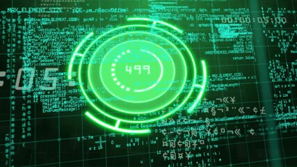 Poster - digital interface glowing green with circular patterns and scattered code animation