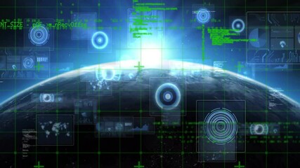 Poster - Digital interface with data processing animation over view of Earth from space