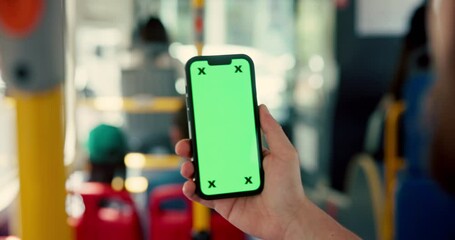 Poster - Hands, bus and person with smartphone, green screen and internet with mockup space. Closeup, people and passenger in vehicle, cellphone and tracking markers with digital app and user experience